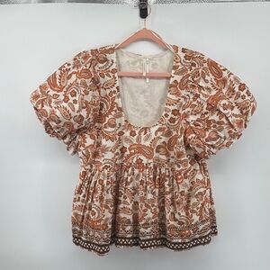 Anthropologie Romantic Boho Cottagecore Prairie Core Rust/Cream Paisley Top SzL